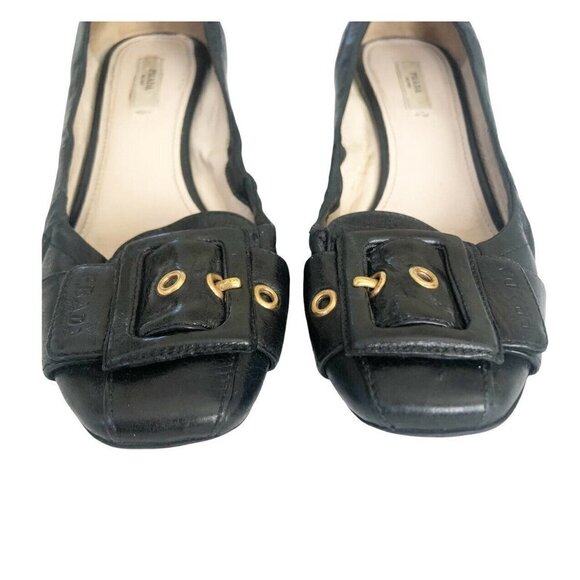 Prada Black Leather Flats with Gold Buckle - Picture 4 of 12